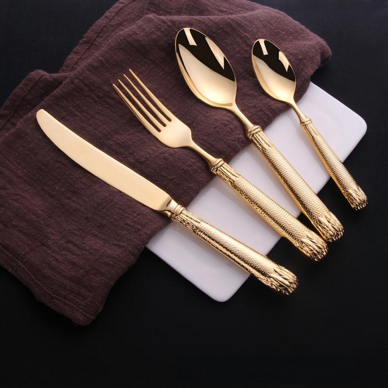 Elnoora Gold Luxury Engraved 18/10 Stainless Steel Cutlery Set with Guilloché Handle - Venetto Design Venettodesign.com