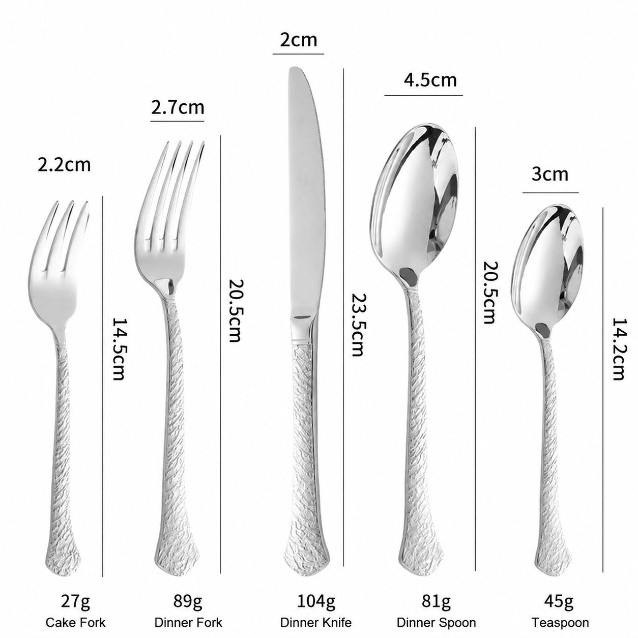 Aurora Silver 18/10 Stainless Steel Cutlery Set with Hammered Handle Flatware - Venetto Design Venettodesign.com