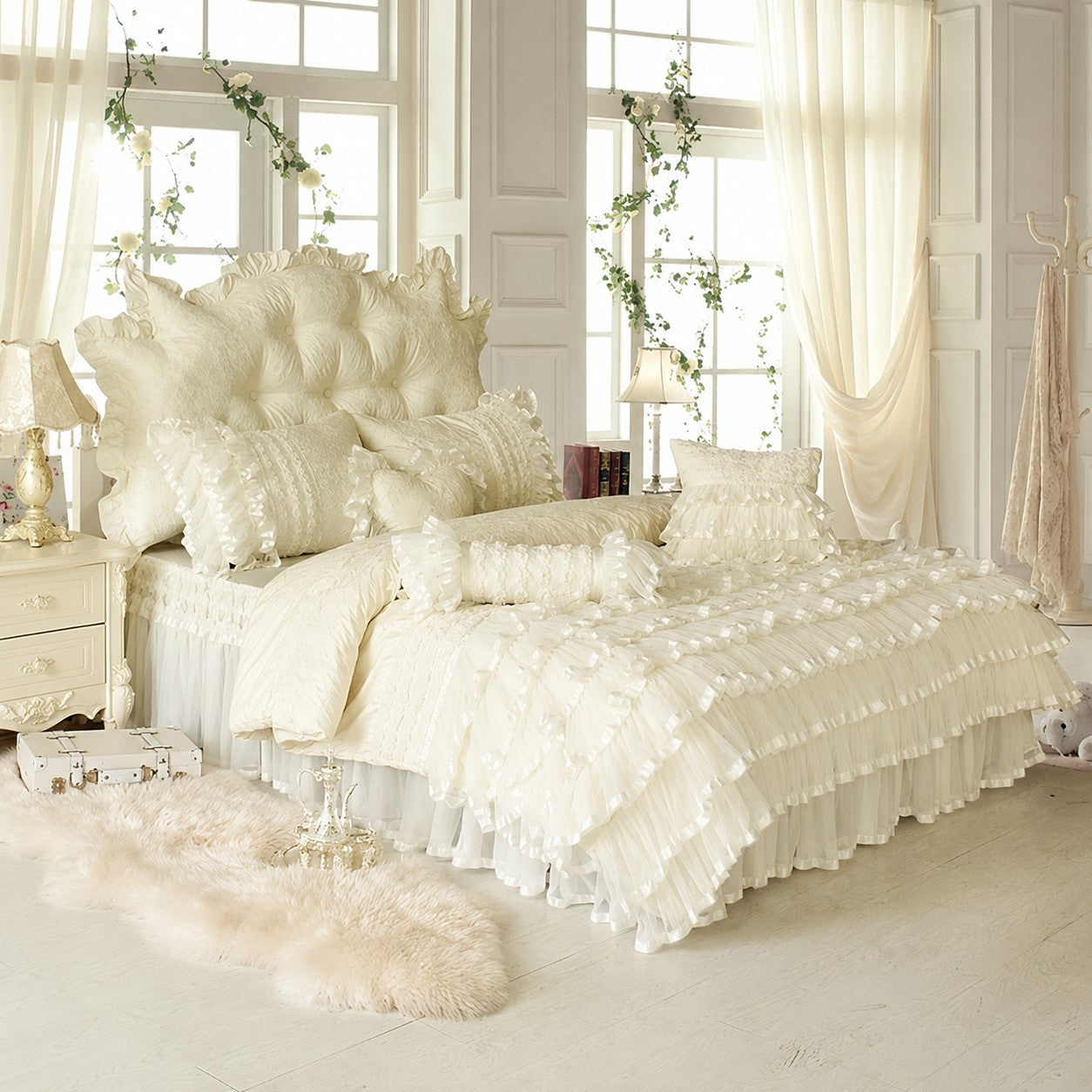 Aaliyah Romantic French Cottage Triple Layered Ruffled Cotton Lace Duvet Cover Set with Bed Skirt / Beige - Venetto Design Venettodesign.com