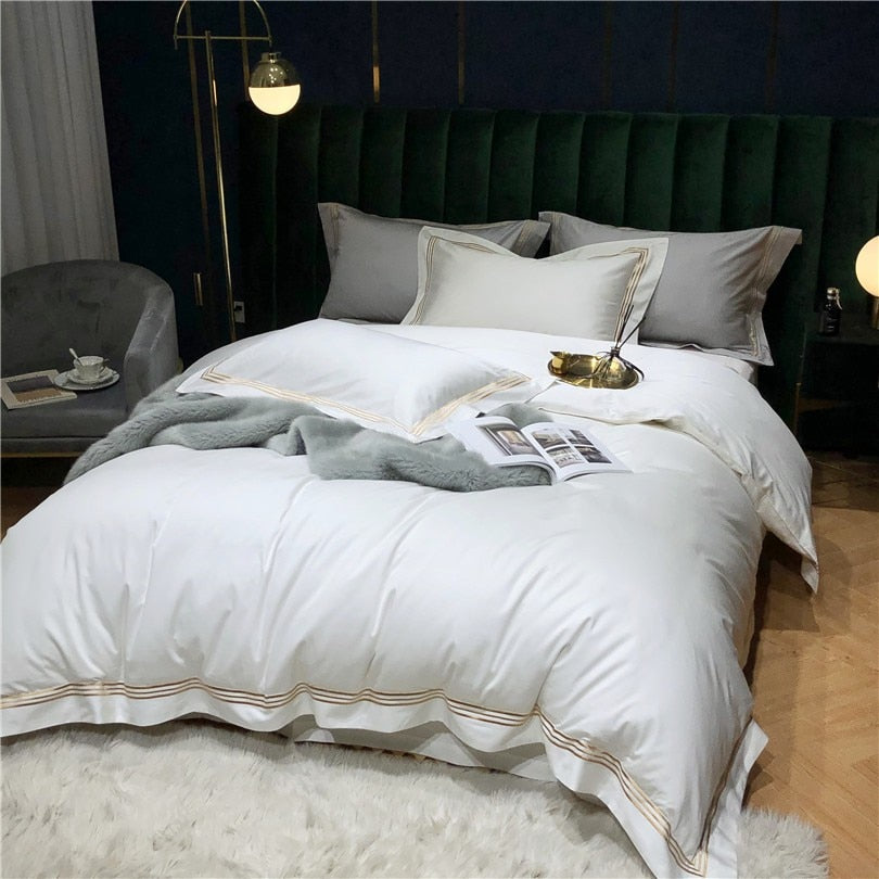Victoria White Luxury Egyptian Cotton Duvet Cover Set with Embroidered Lined Border - Venetto Design Venettodesign.com