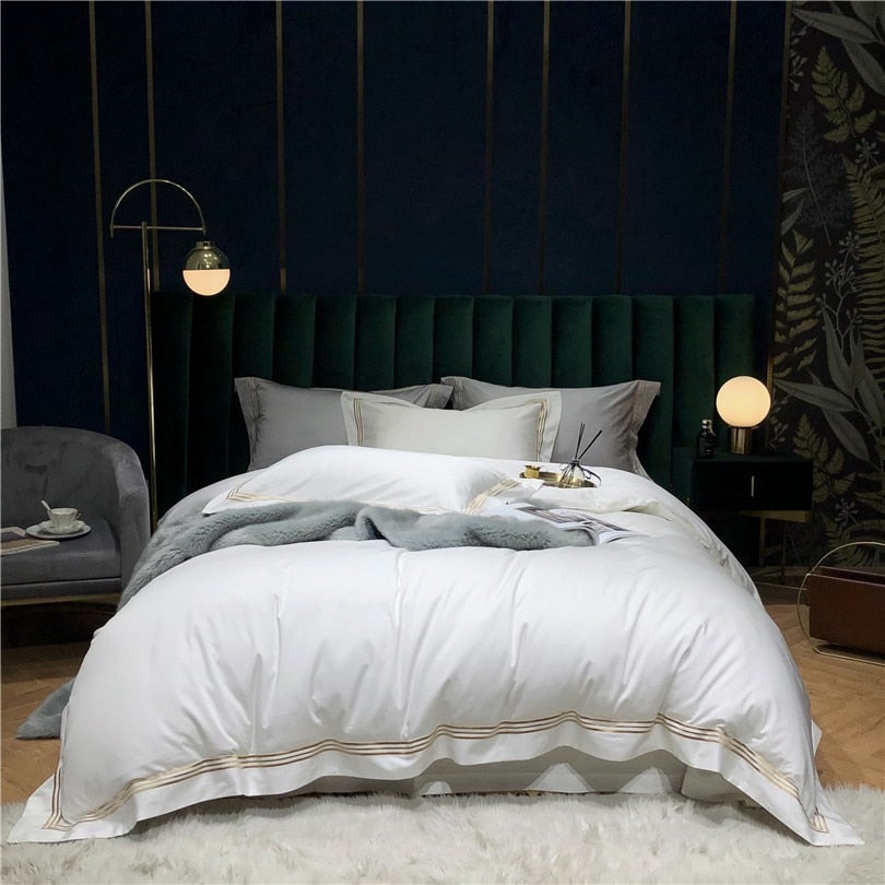 Victoria White Luxury Egyptian Cotton Duvet Cover Set with Embroidered Lined Border - Venetto Design Venettodesign.com