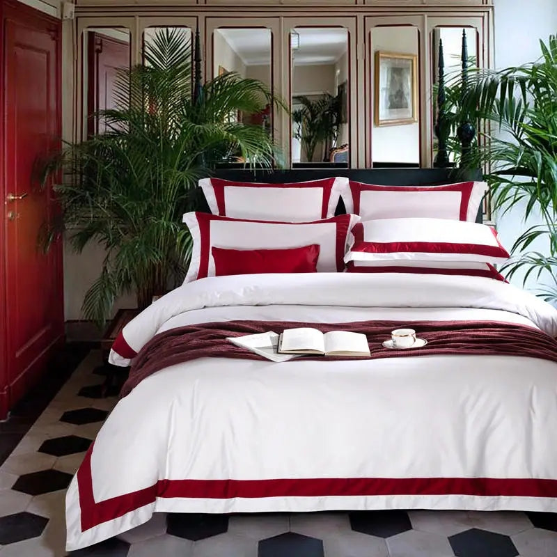 Degella Red Stripe Egyptian Cotton Luxury White Bedding Set