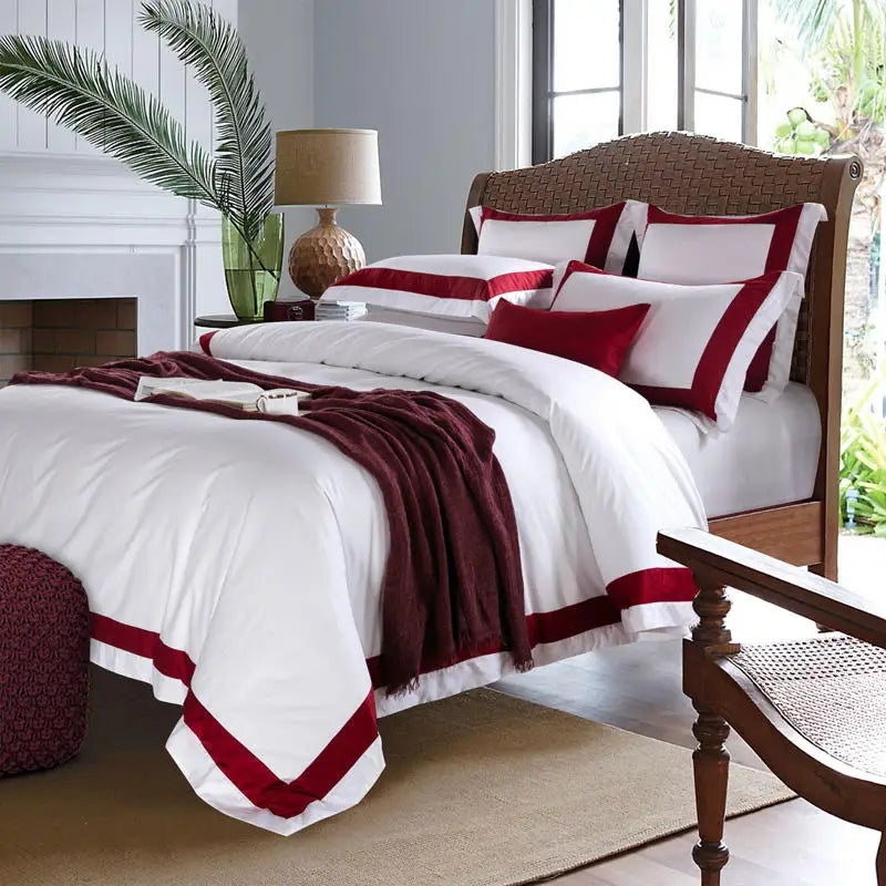 Degella Red Stripe Egyptian Cotton Luxury White Bedding Set