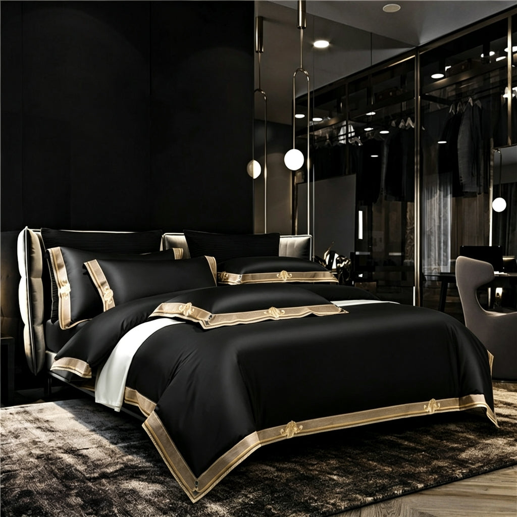 Anahi Black Embroidered Motif Border Egyptian Cotton Bedding Set