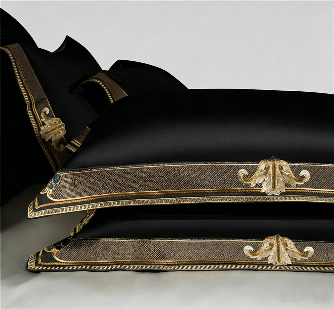 Anahi Black Embroidered Motif Border Egyptian Cotton Bedding Set