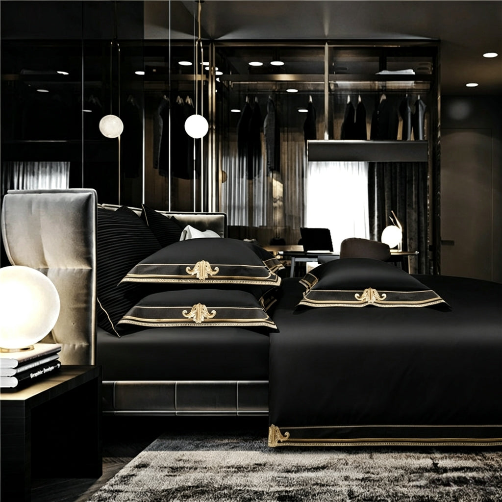 Anahi Black Embroidered Motif Border Egyptian Cotton Bedding Set