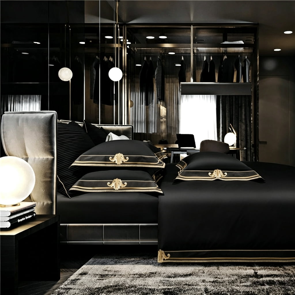 Anahi Black Luxury Egyptian Cotton Duvet Cover Set with Gold Embroidery Border Motif - Venetto Design Venettodesign.com