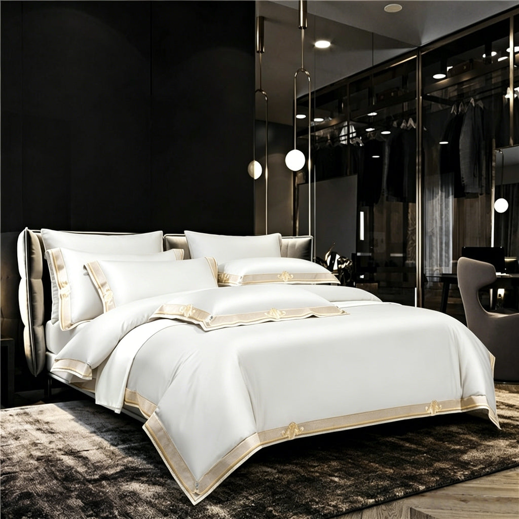Anahi White Embroidered Motif Border Egyptian Cotton Bedding Set