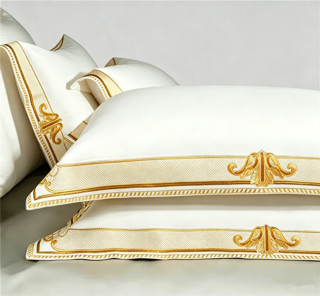 Anahi White Embroidered Motif Border Egyptian Cotton Bedding Set