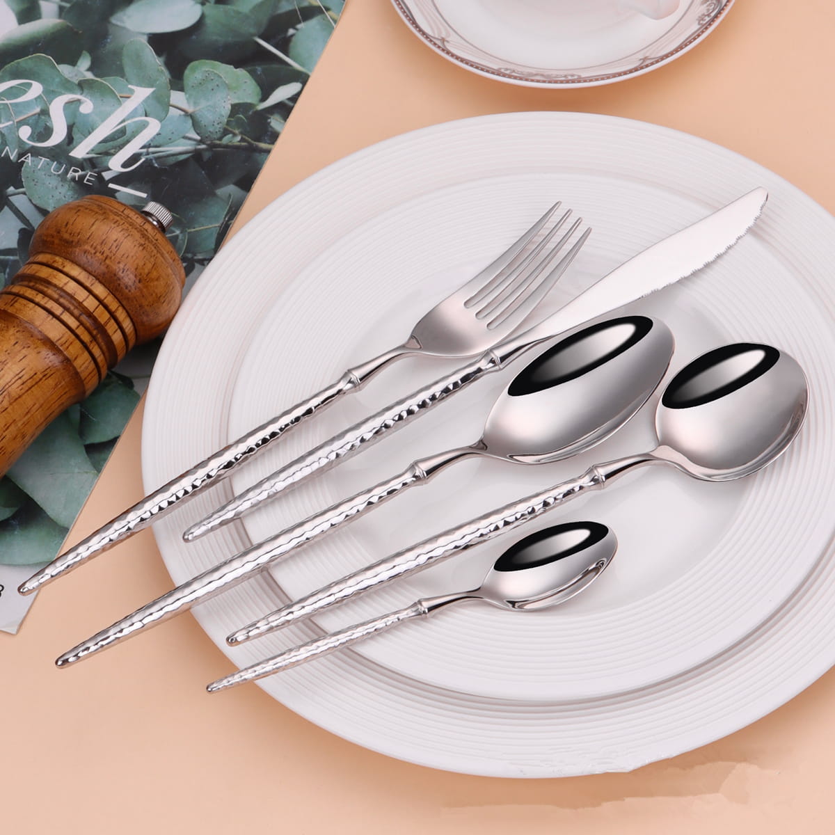 Siv Silver Luxury 18/10 Stainless Steel Cutlery Set with Hammered Handle - Venetto Design Venettodesign.com