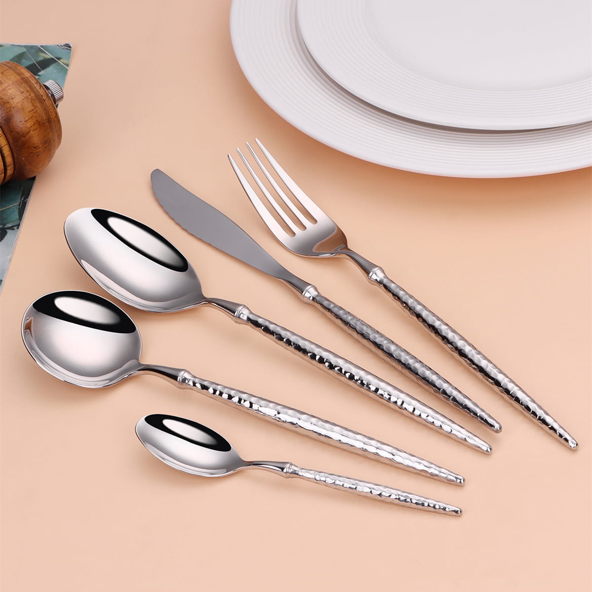 Siv Silver Luxury 18/10 Stainless Steel Cutlery Set with Hammered Handle - Venetto Design Venettodesign.com