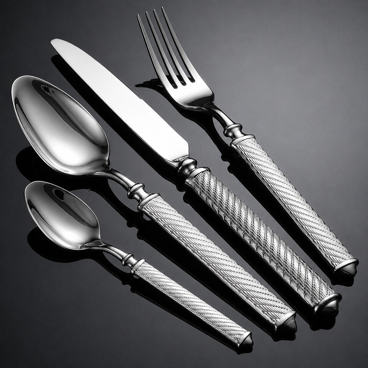 Realm Silver Luxury 18/10 Stainless Steel Cutlery Set with Crosshatched Handle - Venetto Design Venettodesign.com