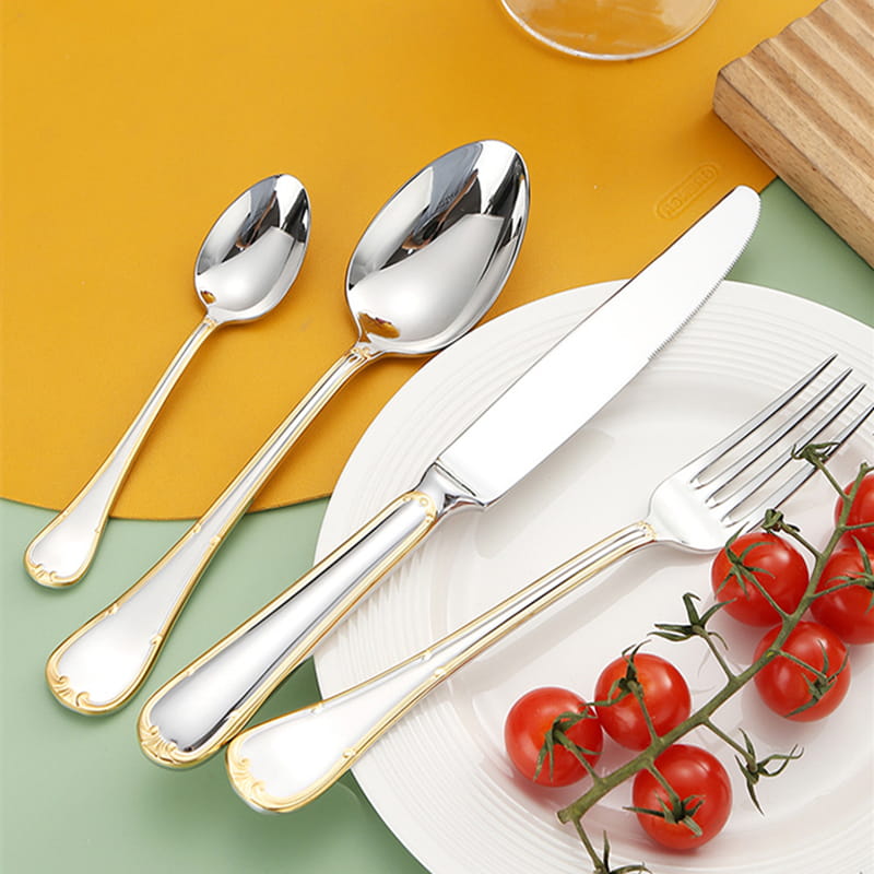 Selena Silver Luxury 18/10 Stainless Steel Cutlery Set with Gold Edge Handle - Venetto Design Venettodesign.com