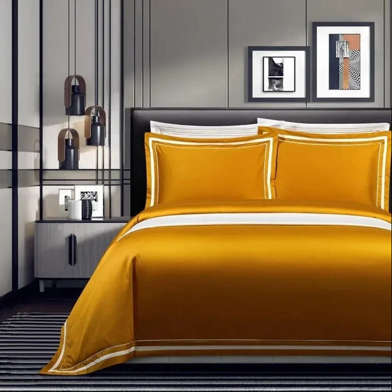 Ona Gold Luxury Egyptian Cotton Duvet Cover Set with Striped Border - Venetto Design Venettodesign.com