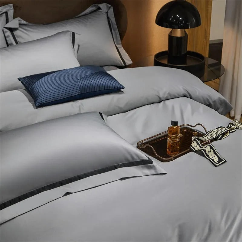 Brisa Silver Contrasting Hotel Stripe Bedding Set