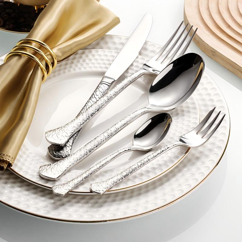 Aurora Silver 18/10 Stainless Steel Cutlery Set with Hammered Handle Flatware - Venetto Design Venettodesign.com