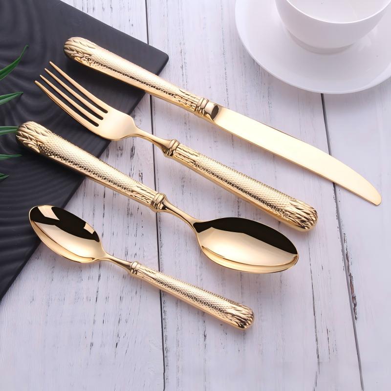 Elnoora Gold Luxury Engraved 18/10 Stainless Steel Cutlery Set with Guilloché Handle - Venetto Design Venettodesign.com