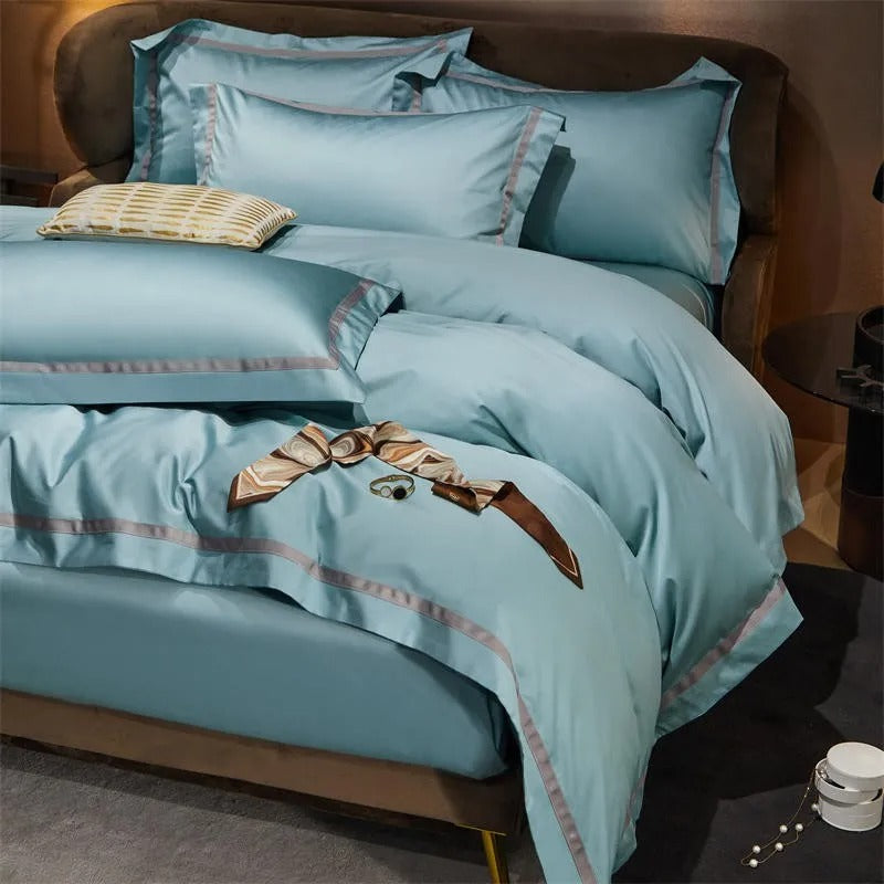 Brisa Pastel Blue Contrasting Hotel Stripe Bedding Set