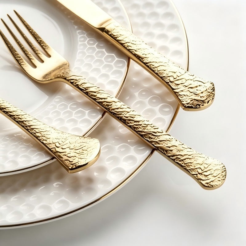 Aurora Gold 18/10 Stainless Steel Cutlery Set with Hammered Handle Flatware - Venetto Design Venettodesign.com