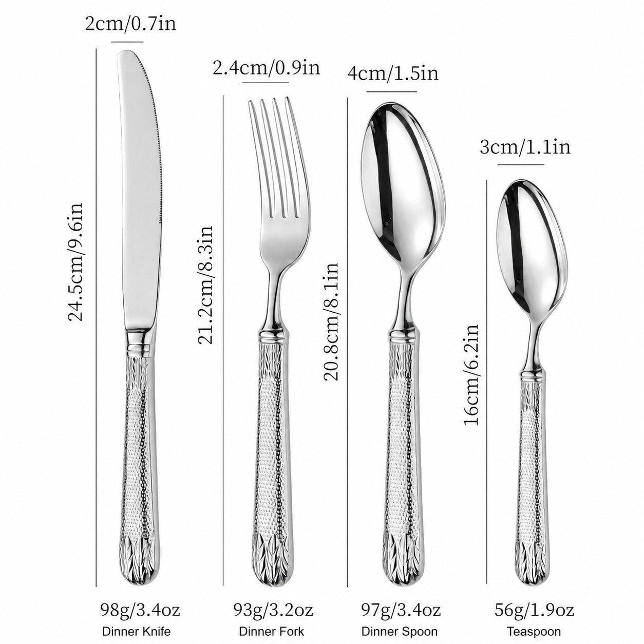 Elnoora Silver Luxury Engraved 18/10 Stainless Steel Cutlery Set with Guilloché Handle - Venetto Design Venettodesign.com