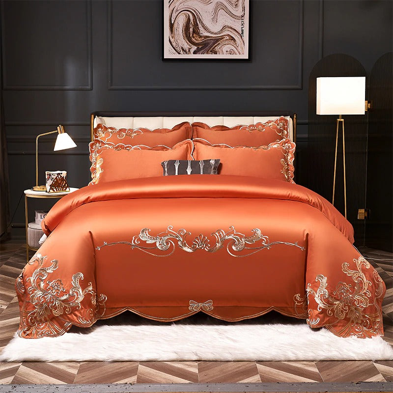 Miriam Orange Embroidered Cotton Duvet Cover Set Duvet Cover Set - Venetto Design Queen / Flat Sheet Venettodesign.com