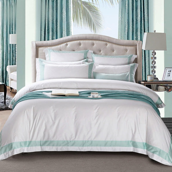 Degella Aqua Green Stripe Egyptian Cotton Luxury White Duvet Cover Set Duvet Cover Set - Venetto Design Queen / Flat Sheet / 4 Pieces Venettodesign.com