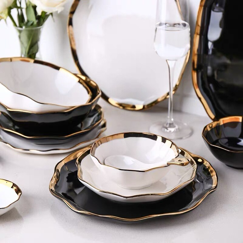 Black and White Glass Dinner Set with Goblets Decoration – DishesOnly