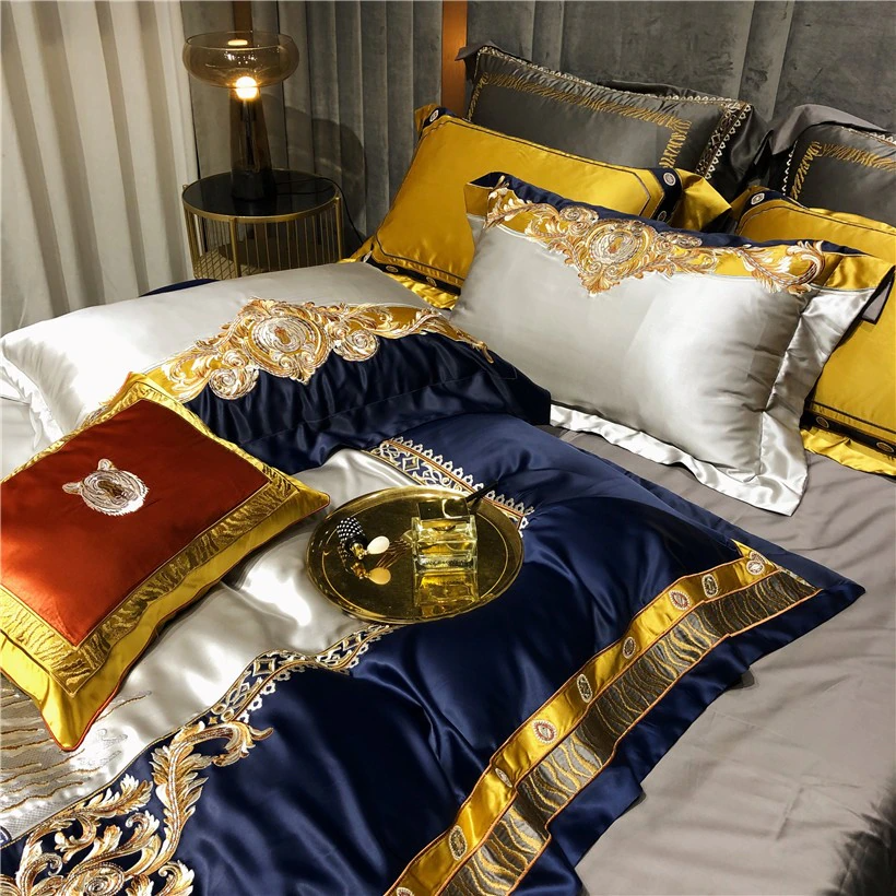 Daniella Blue Damask Embroidered Satin Egyptian Cotton Duvet Cover Set Duvet Cover Set - Venetto Design Venettodesign.com