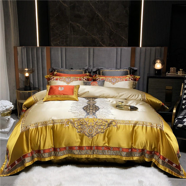 Daniella Gold Damask Embroidered Satin Egyptian Cotton Duvet Cover Set Duvet Cover Set - Venetto Design Venettodesign.com