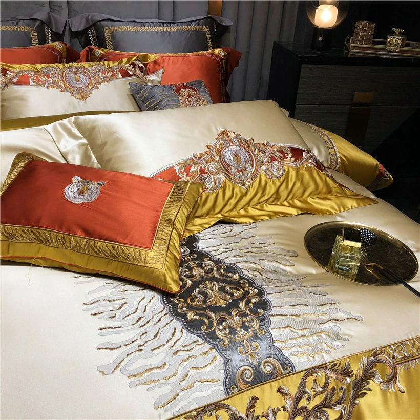 Daniella Gold Damask Embroidered Satin Egyptian Cotton Duvet Cover Set Duvet Cover Set - Venetto Design Venettodesign.com