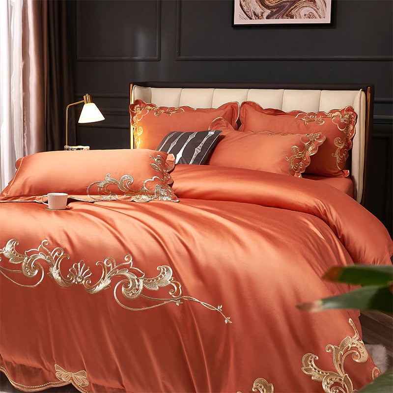 Miriam Orange Embroidered Cotton Duvet Cover Set Duvet Cover Set - Venetto Design Venettodesign.com