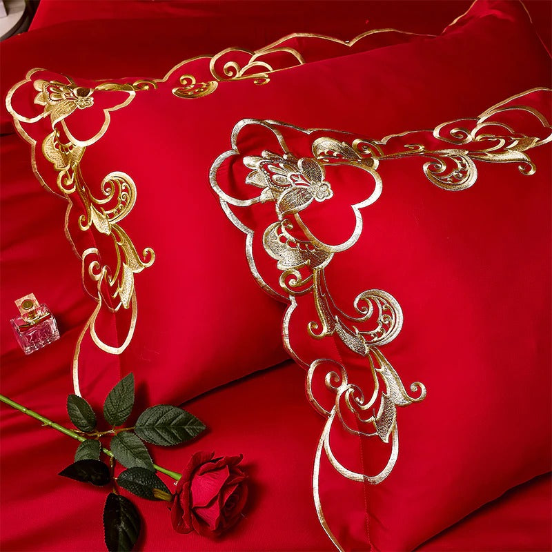 Miriam Red Embroidered Cotton Duvet Cover Set Duvet Covers - Venetto Design Venettodesign.com