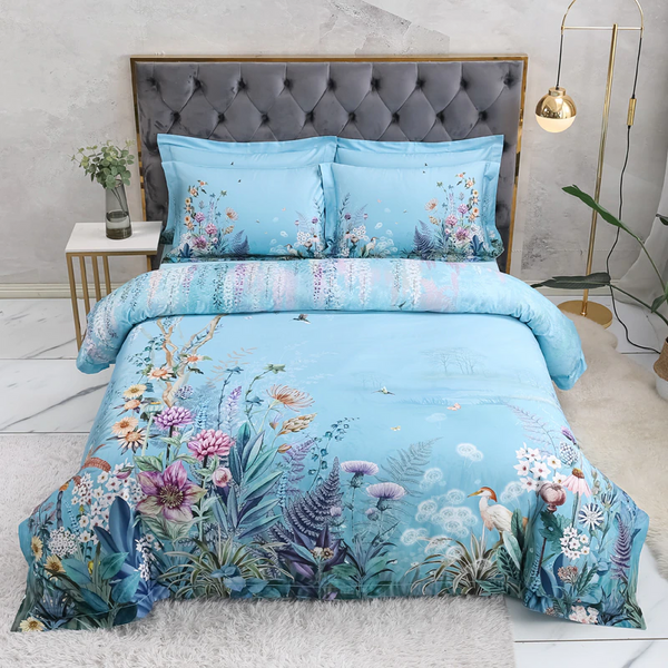 Gianna Sky Blue Egyptian Cotton Duvet Cover Set Duvet Cover Set - Venetto Design Queen / Flat Sheet / 4 Pieces Venettodesign.com