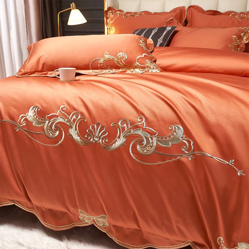 Miriam Orange Embroidered Cotton Duvet Cover Set Duvet Cover Set - Venetto Design Venettodesign.com