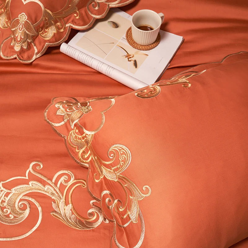 Miriam Orange Embroidered Cotton Duvet Cover Set Duvet Cover Set - Venetto Design Venettodesign.com