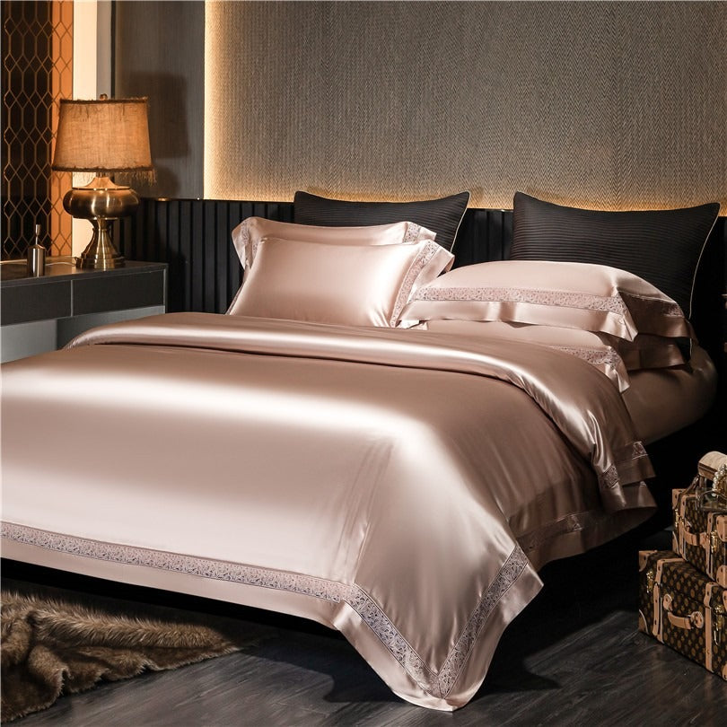 Willa Rose Gold Modern Satin Egyptian Cotton Lace Duvet Cover Set