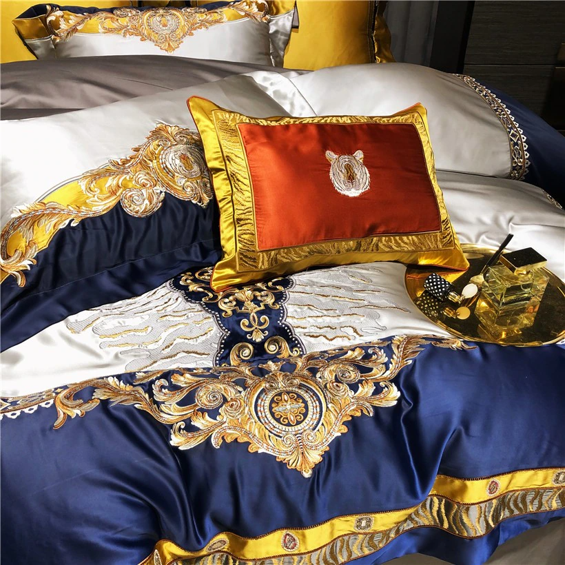 Daniella Blue Damask Embroidered Satin Egyptian Cotton Duvet Cover Set Duvet Cover Set - Venetto Design Venettodesign.com