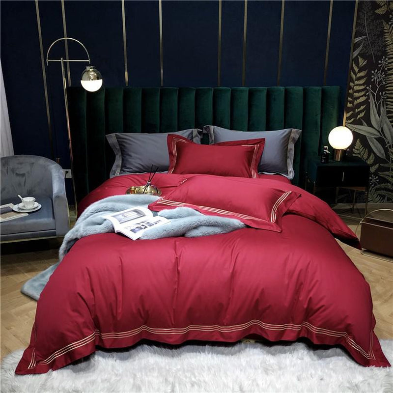 Victoria Embroidered Lined Border Egyptian Cotton Duvet Cover Set Duvet Cover Set - Venetto Design Color 5 / Flat Bed Sheet / Queen size 4Pcs Venettodesign.com