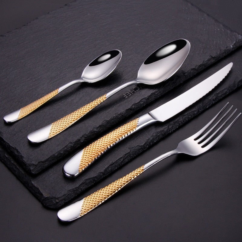 Ferran Diagonal Textured Stainless Steel Cutlery Set Cutlery - Venetto Design Gold / 24 Pieces Set Venettodesign.com