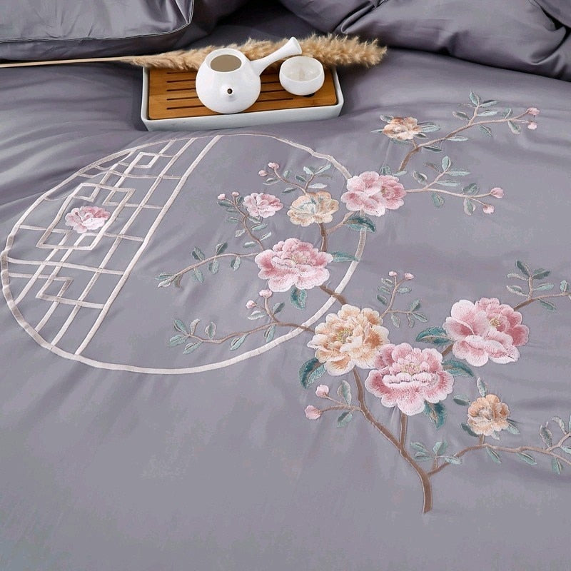 Pink Embroidery Flower Luxury Bedding Set Egyptian Cotton Queen