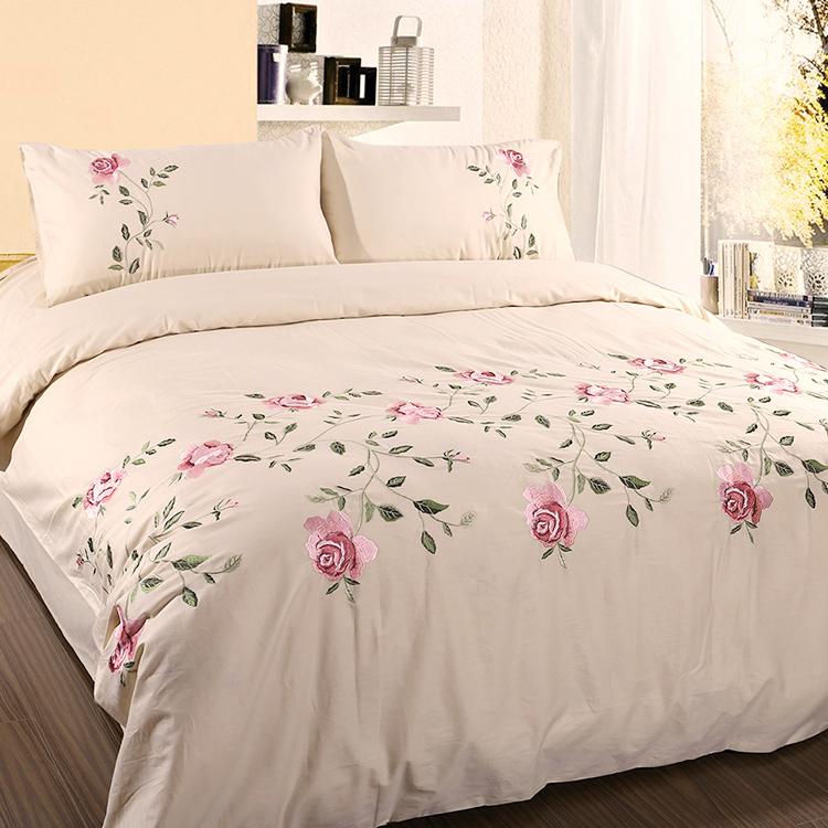 Ruzanna Flowers Embroidered Cotton Soft Bedding set Duvet Cover Set - Venetto Design Beige / Full | 4 Pieces Venettodesign.com