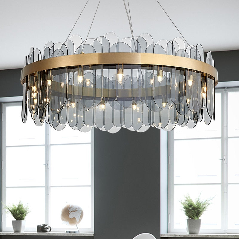 Patina Gold Ring Chandelier Chandelier - Venetto Design Round | Gray Glass shade / Dia40cm H30cm / Warm light Venettodesign.com