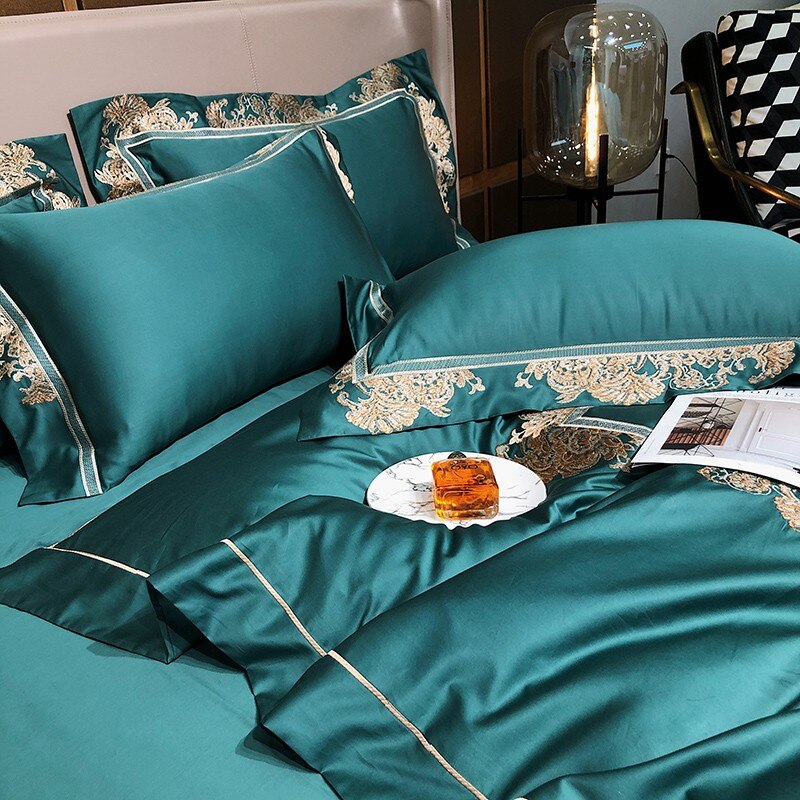 Emer Gold Embroidered Panel Egyptian Cotton Duvet Cover Set Duvet Cover Set - Venetto Design Venettodesign.com
