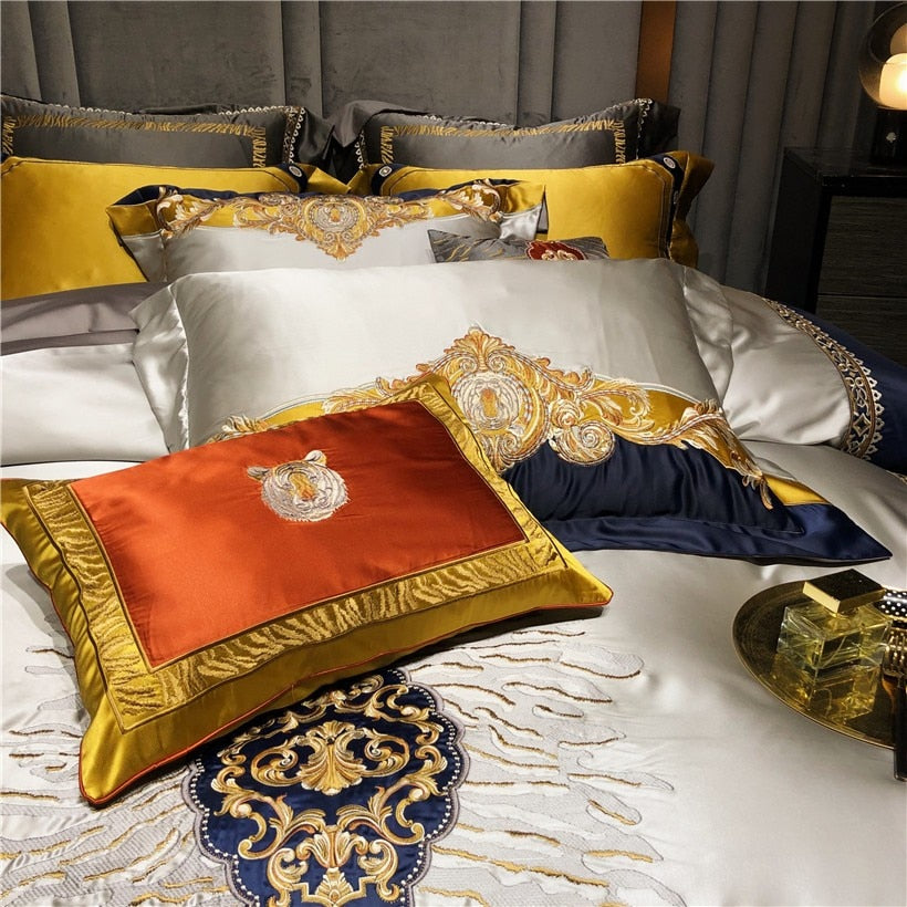 Daniella Blue Damask Embroidered Satin Egyptian Cotton Duvet Cover Set Duvet Cover Set - Venetto Design Venettodesign.com