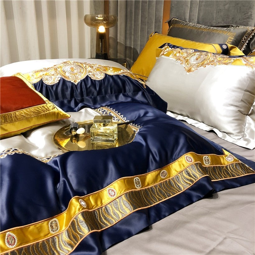 Daniella Blue Damask Embroidered Satin Egyptian Cotton Duvet Cover Set Duvet Cover Set - Venetto Design Venettodesign.com