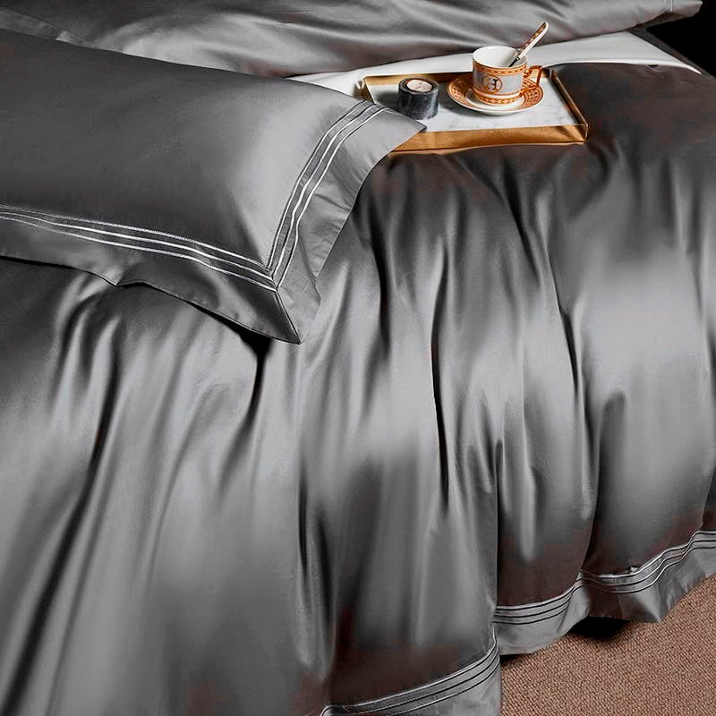 Leila Grey Embroidered Edge Egyptian Cotton Duvet Cover Set Duvet Cover Set - Venetto Design Venettodesign.com