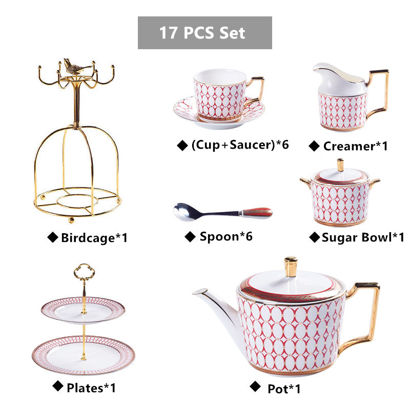 Arkanola Gold Inlay Porcelain Bone China Tea/Coffee Set - Venetto Design 17PCS Set Red Venettodesign.com