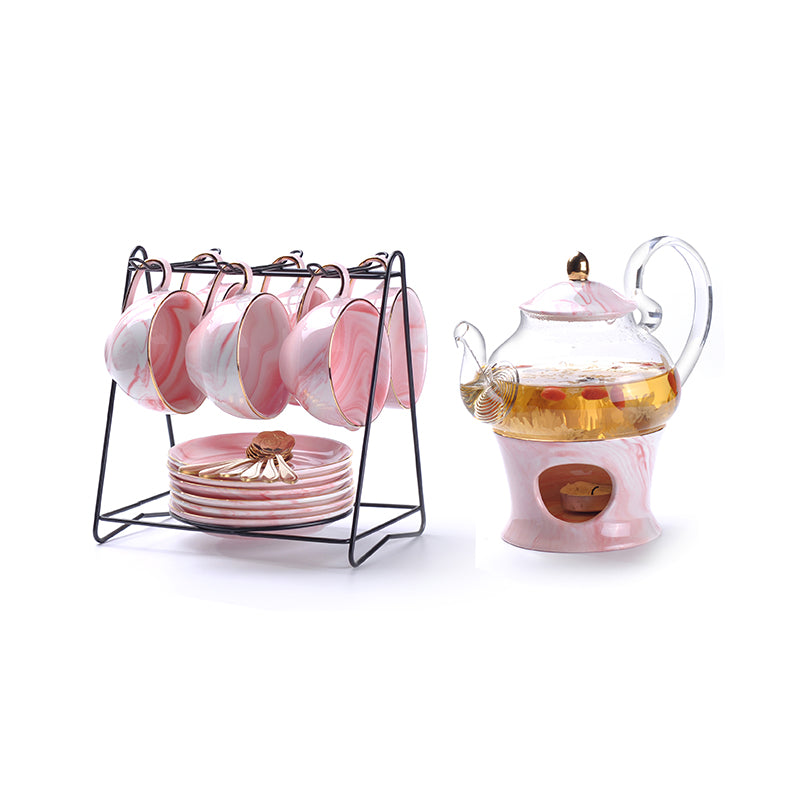 Rimiero Marbling Porcelain Tea/Coffee Set with Candle Warmer - Venetto Design Pink Full Set Venettodesign.com