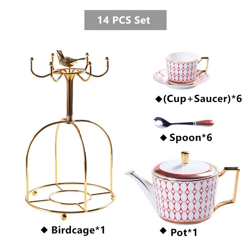 Arkanola Gold Inlay Porcelain Bone China Tea/Coffee Set - Venetto Design 14PCS Set Red Venettodesign.com