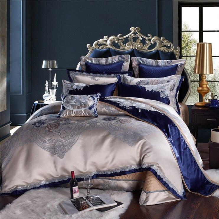 Impero Blue Silver Silk Cotton Jacquard Luxury Chinese Duvet Cover Set Duvet Cover Set - Venetto Design King / 4 Pieces Venettodesign.com